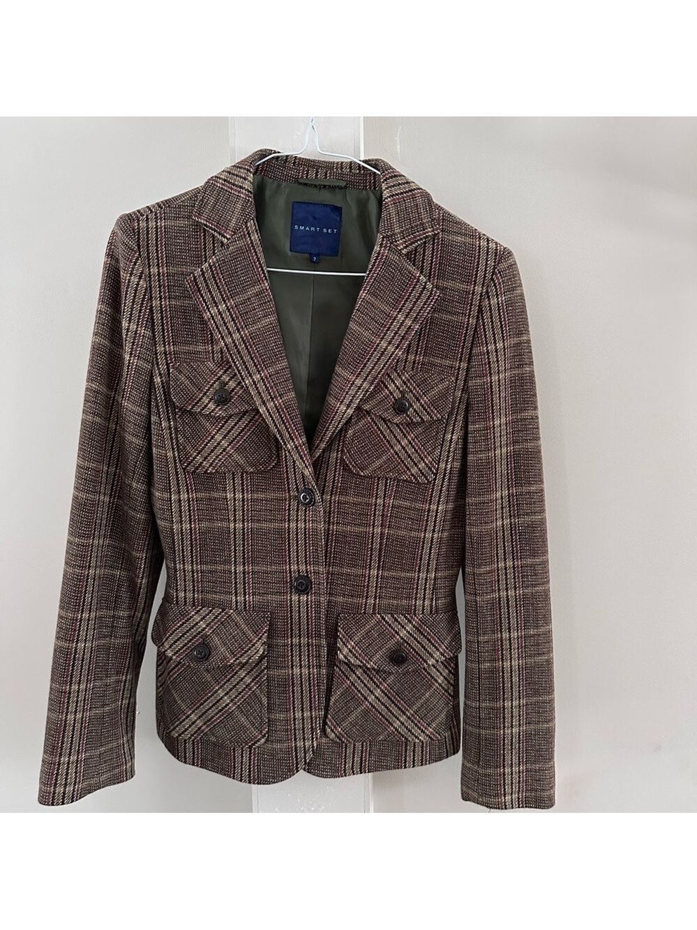 Plaid Wool Blend Tailored Blazer w/patch pockets  Preppy, equestrian sz 7